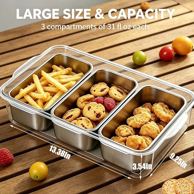 Snackle Box Container, Stainless Steel Divided Serving Tray with Lid and Handle, Large Snack Tray for Fruit Veggie Candy, 3-Compartment Snack Platter for Travel Party Beach Picnic