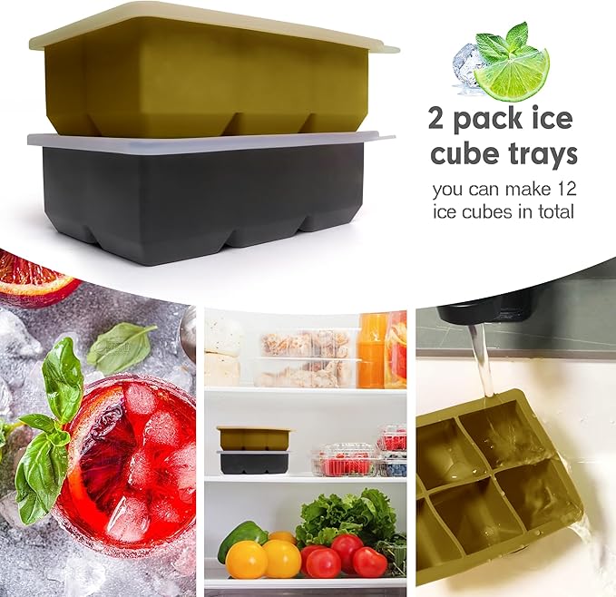 Silicone Ice Cube Trays with Lids, Large Square Ice Cube Molds for Freezer, Whiskey, Cocktail, Stackable Flexible and Reusable & Easy Release BPA Free (2 Pack&Dark Gray and Army green)