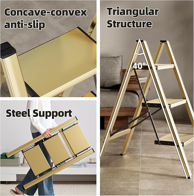 HillhutApex 3 Step Ladder, Lightweight Portable 3 Step Stool with Anti-Slip Wide Pedal,330lbs Capacity Aluminum Ladder for Household,Office,Library(Gold)