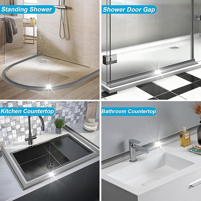 98Inch Shower Threshold Water Dam, Self-Adhesive Silicone Shower Barrier Water Stopper Shower Door Bottom Seal Strip Shower Splash Guard for Bathroom Kitchen Bathtub