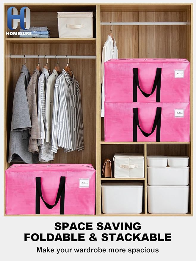 HOMESURE Supports 200lbs Heavy Duty Moving Bags - Strong Zipper & Wrap-Around Handles - Water-Resistant Storage Totes, Durable Alternative to Moving Boxes - 12 Pack - Pink