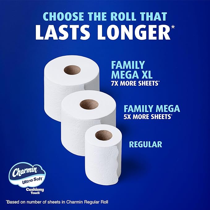 Charmin Ultra Soft Cushiony Touch 2-Ply Toilet Paper, 18 Family Mega Rolls = 90 Regular Rolls, White