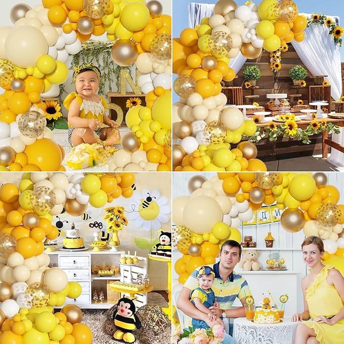 Ouddy Party Yellow Gold Balloons Arch Garland Kit, Different Sizes 18 12 10 5 Inch Mustard Pastel Yellow White Latex Metallic Confetti Balloon for Sunflower Bee Baby Shower Birthday Party Decorations