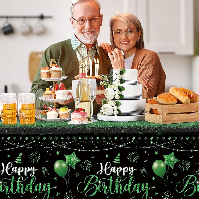 Tudomro 3 Pcs Happy Birthday Tablecloths Happy Birthday Party Decorations Plastic Table Cover Rectangular Cloths for Women Men Baby Shower Party Supplies, 108 x 54 Inch (Black Green)