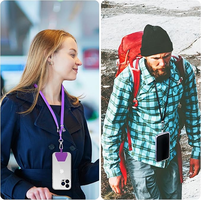CACOE Phone Lanyard 2 PCS-2 PCS Adjustable Neck Strap,4 PCS Patches,Universal Crossbody Multifuctional Cell Phone Lanyards Compatible with Most Smartphones(Black+Dark Purple)