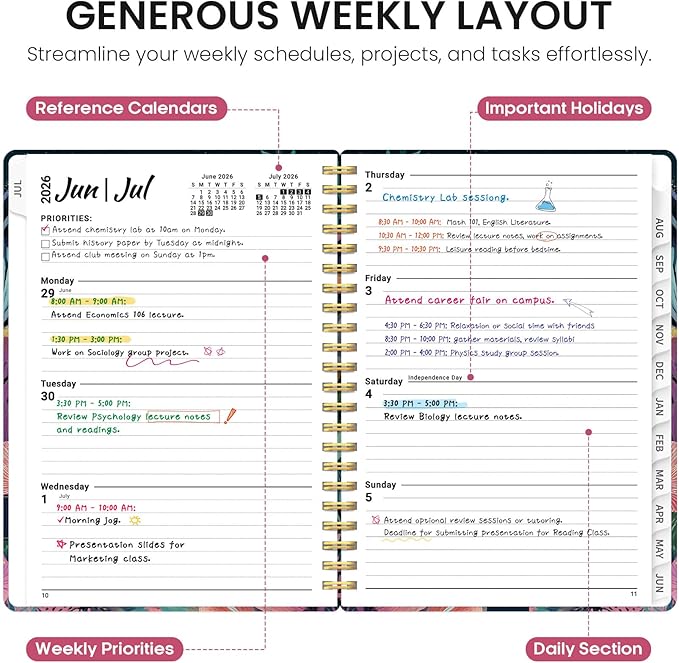 Planner 2026-2027, Academic Year Monthly and Weekly Calendar Planner, Jul 2026 - Jun 2027, Hardcover Teacher Student Planning Agenda book with Tabs, Perfect for School Office Supplies, 6.3" x 8.5" - Jellyfish