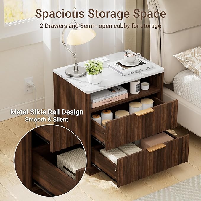 Large Fluted Nightstand Set of 2 with Charging Station, 23" Modern End Table with Faux Marble Top, 2 Drawers Side Table with Storage, for Bedroom Living Room, Curved Profile Design(Walnut)