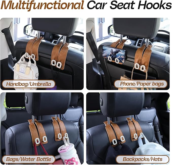 Car Headrest Hooks Universal Car Purse Hook Premium Leather and Alloy Twin Hook Car Seat Back Storage Hanger Hook for Purse Bags Cloth Drink Durable Holder Car Accessories (BH09-Brown-Silver-4 Pcs)