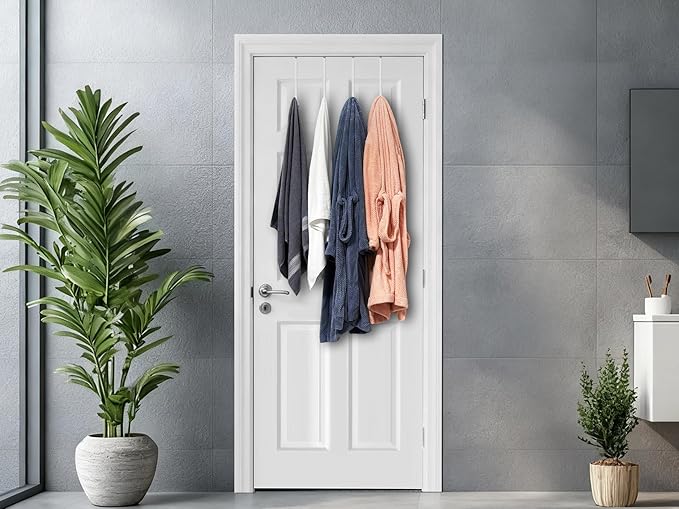 Over The Door Metal Hooks with Plastic Coating 10" Fit 0.5" to 1 3/8" Door 4 Pcs Heavy Duty Single Towel Robe Rack Wreath Bathroom Shower Hanger Shoe Organizer Ironing Board Long White