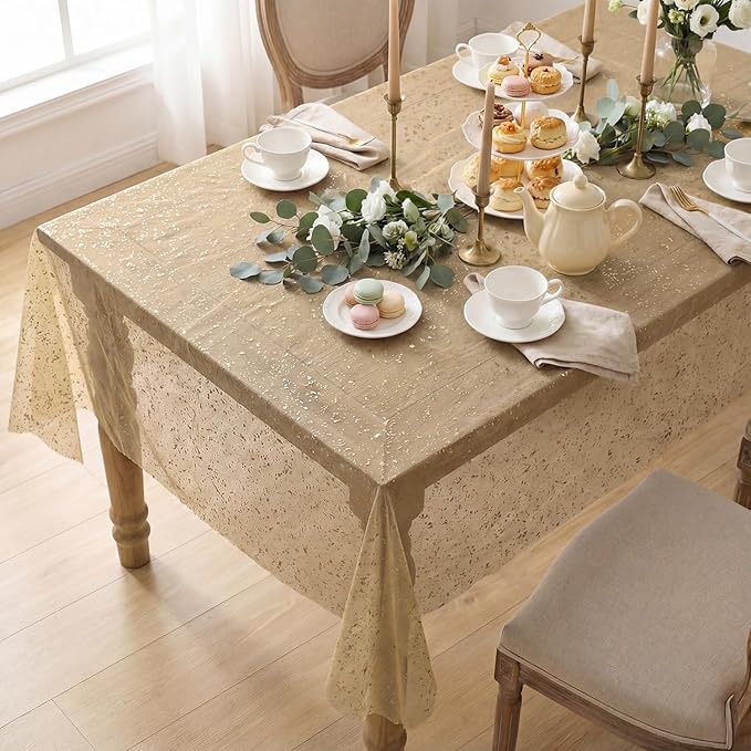 Horaldaily Coffee Gold Gauze Tablecloth 60x84 Inch Rectangular, Golden Sequin Glitter Metallic Foil, Sheer Tulle Cheesecloth for Wedding Baby Shower Ceremony Birthday