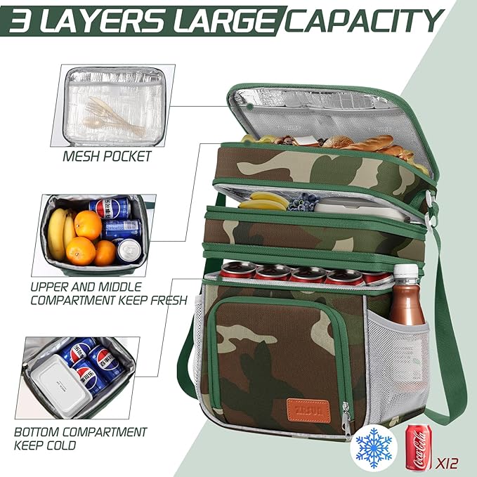 Insulated Lunch Bag for Women Men, Reusable 3 Layers Lunch Box Women, Expandable Reusable Water-resistant Lunch Box for Work Travel Office Picnic Hiking (Green Camo)
