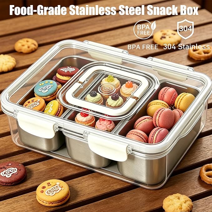 Snackle Box Container, Stainless Steel Divided Serving Tray with Lid and Handle, Large Snack Tray for Fruit Veggie Candy, 3-Compartment Snack Platter for Travel Party Beach Picnic