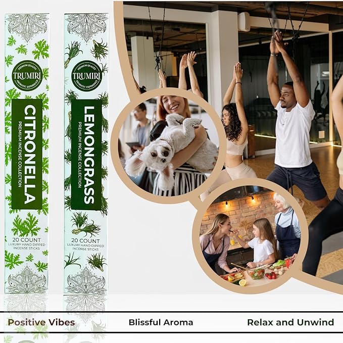 Trumiri Incense Sticks - Combo Pack of 40 Insence-Sticks - 20 Citronella + 20 Lemongrass - Insenses - Insents - Incents - Inscense - Incence - Incienso - All Natural Incense Sticks