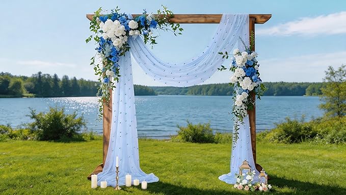 Socomi Pearl Table Runner Blue Summer Wedding Arch Draping Fabric 19FT Sheer Tulle Chiffon Gauze Cheese Cloth Outdoor Drapes for Birthday Party Baby Shower Bridal Engagement Decor