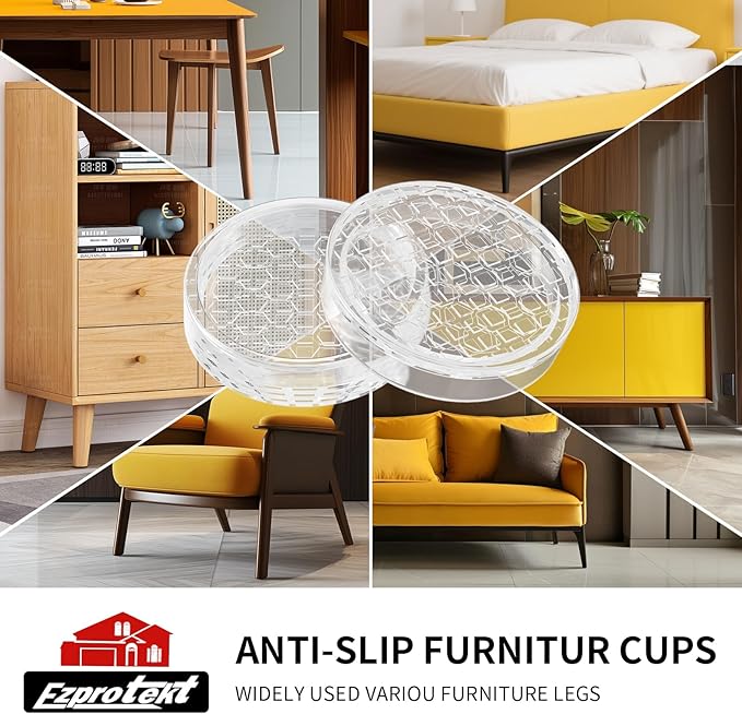 Ezprotekt Non Slip Furniture Pads, 16 Pcs 1.6" Anti Skid Rubber Caster Cups, Round Furniture Coasters for Hardwood Floors, Anti-Slip Furniture Grippers, Furniture Stoppers to Prevent Sliding (Clear)