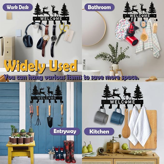 Key Holder for Wall, Black Metal Deer Tree Style Decoration Key Hook Wall Mount Key Rack Hanger Storage Organizer with 6 Hooks for Home Doors Entryway Kitchen Garage Decor