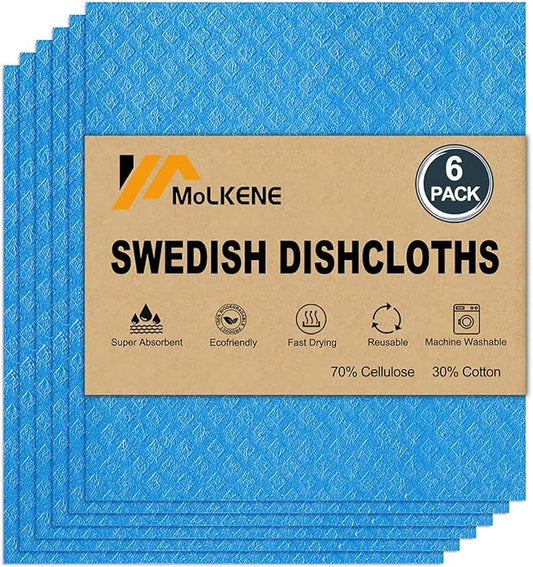 MoLKENE Swedish Dishcloths for Kitchen | 6 Pack Absorbent Cellulose Sponge Cloths Washable | Non-Scratch Reusable Paper Towels Quick Drying Cleaning Cloths - Blue