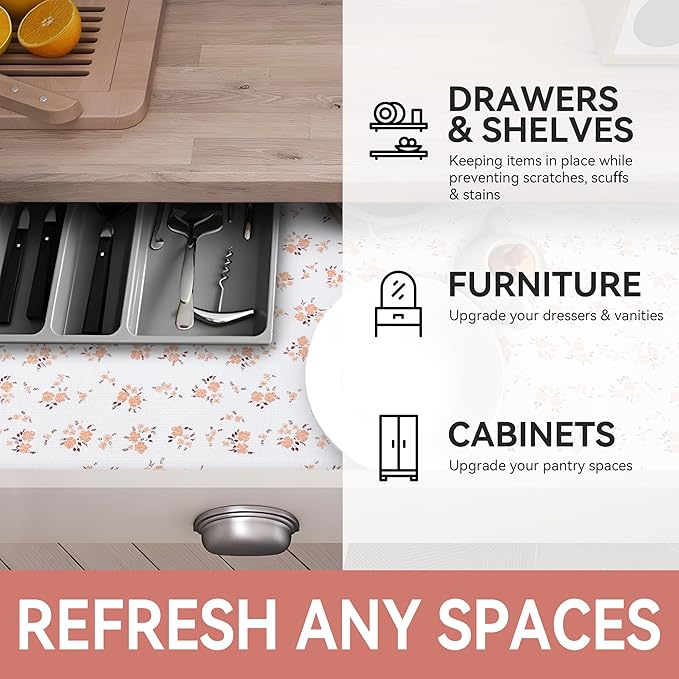 RAY STAR Shelf Liner, Non Adhesive Pink Orange Floral Printed Kitchen Cabinet Liner for Pantry Drawer Vanity, Strong Grip Non Slip, Shelf Liners for Kitchen Cabinets Cupboard 12 Inch x 10 FT (4 Rolls)