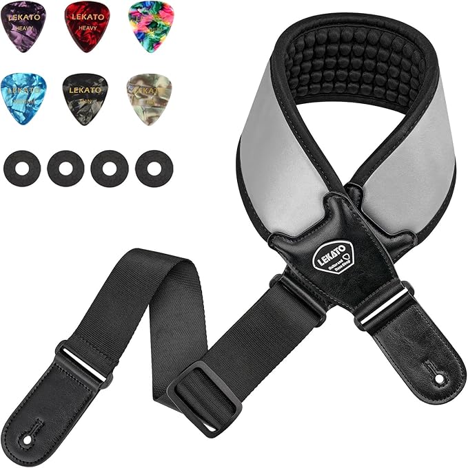 LEKATO Guitar Straps for Electric Guitar Bass, 3.5" Wide Padded Guitar Strap Neoprene Pad with 3D Sponge Filling Bass Guitar Straps Adjustable Length from 45" to 55" with Strap Locks, Picks, Gray