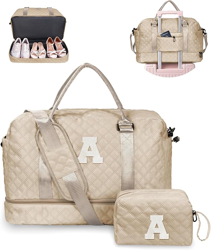 College Girl Gifts-Initial Kids Travel Bags with Shoe Compartment, Personalized Weekender Bag, Monogram Overnight Bag for Women, Travel Bag with Makeup Bag Teacher Gifts (Letter A)