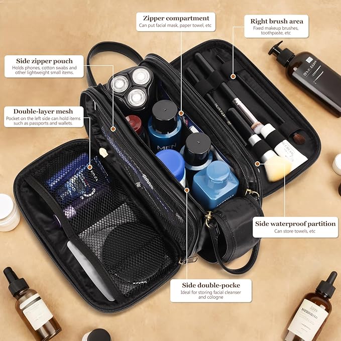 Men's Travel Toiletry Bag, Shaving Bag, Leather Toiletry Travel Bag for Men, Personalized Travel Essentials, Birthday Gifts for Men, Black - O