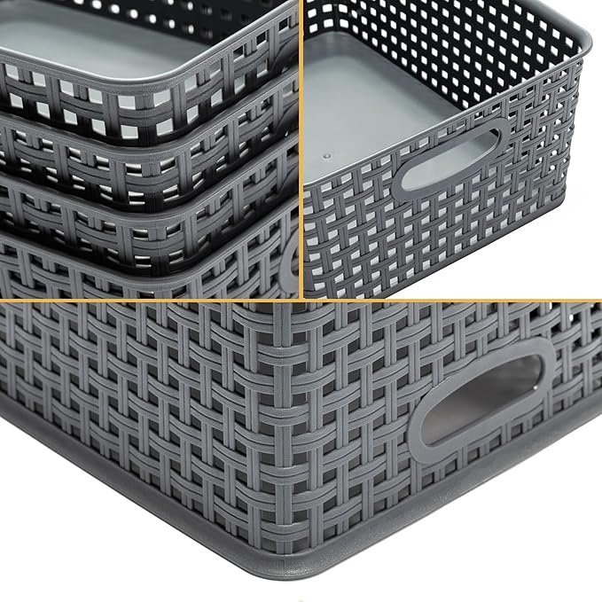 Eslite Plastic Storage Baskets for Organizing, 11"x8.5"x4.7", Pack of 4 (Grey)