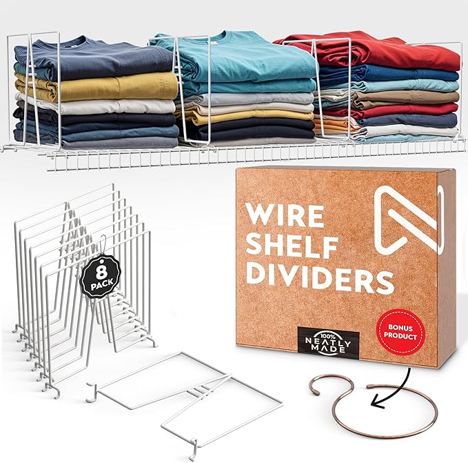 Tall White Wire Shelf Dividers for Closet Organization – Sturdy and Easy Set-Up Closet Shelf Dividers with Bonus Rose Gold Hanger (8, 12" x 12" Standard)