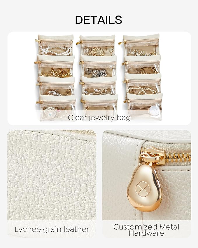 Vlando Travel Jewelry Case, Jewelry Box with 12 Velvet Jewelry Pouches, Jewelry Travel Organizer for Women and Girls, Jewelry Case, Necklace, Rings, Earrings Bags, Wedding Gifts (White)