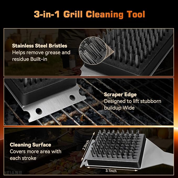 BBQ Grill Brush and Scraper, Heavy Duty Grill Cleaner with Stainless Steel Handle, Replacement Brush Head Included, Grill Cleaning Brush for Gas, Charcoal & Smoker Grill Grates （15 inch）