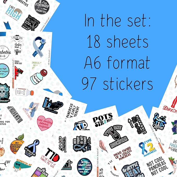BulbaCraft 100Pcs Funny Diabetes Stickers for Water Bottle & Laptop - Gifts for Diabetics, Diabetes Awareness Month, Waterproof Vinyl Decals, Gifts for Women & Men