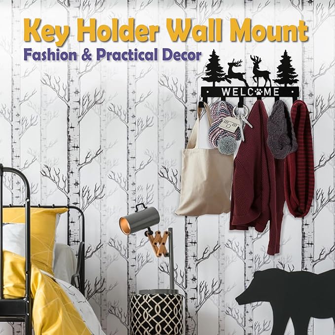 Key Holder for Wall, Black Metal Deer Tree Style Decoration Key Hook Wall Mount Key Rack Hanger Storage Organizer with 6 Hooks for Home Doors Entryway Kitchen Garage Decor