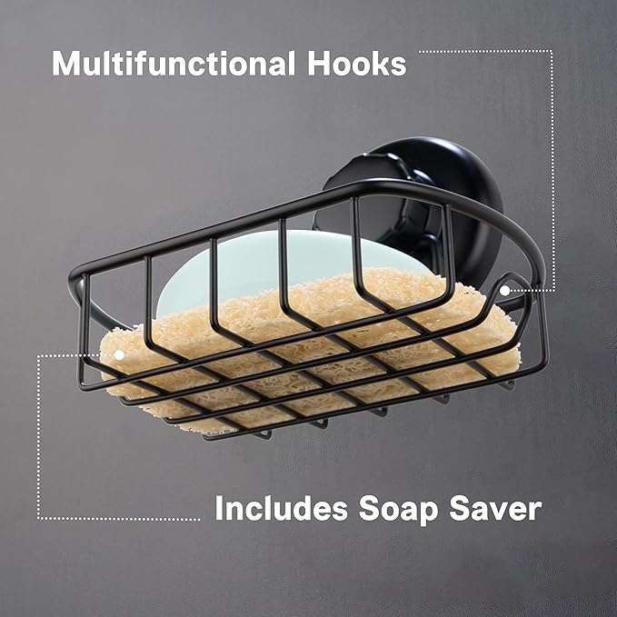 Suction Soap Dish with Hooks - Super Powerful Vacuum Suction Cup Shower Soap Holder - Rustproof Stainless Steel SS304 Soap Basket - Sponge Holder for Bathroom & Kitchen (Black)