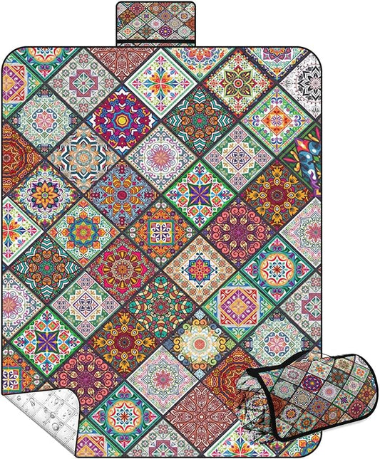 Waterproof Picnic Outdoor Blanket, 79" x 59" Sandproof Foldable Large Picnic Blanket for Beach, Camping, Park, Travel, Concert, Great Gift for Families and Couples (Bohemian Color)