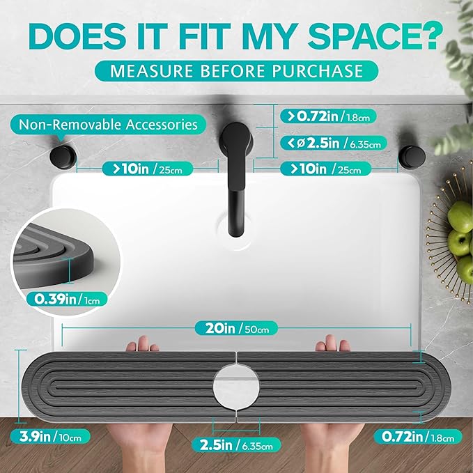 Stone Faucet Mat for Kitchen Sink – Diatomite Fast-Drying Stone Tray, Faucet Mat Sink Splash Guard, Decorative Sink Protector for Kitchen Bathroom Counter (Dark Grey, 20''x3.9'')