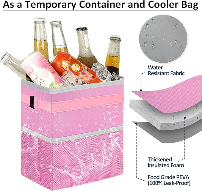 ELONGRIVER Car Trash Can for SUVs, Trucks, Vans - Pink, 2 Gallons Capacity, Leak-Proof Liner, Utility Clasps, Cute Design