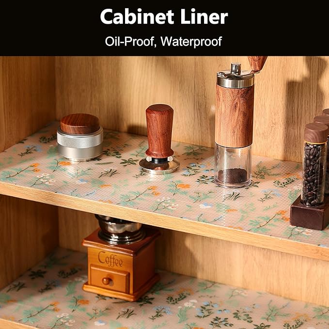 INNOLITES Shelf Liners for Kitchen Cabinets – Drawer Liner Waterproof & Oil-Proof, Non-Adhesive EVA with Floral Pattern – Durable Washable, Easy to Cut (Sage Green, 23.6" x 240")