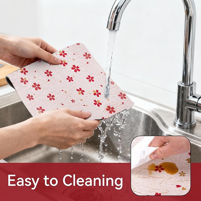 FIFTY FEET 18"x96" Non-Adhesive Shelf Liner for Kitchen Cabinets and Drawers, Washable Non-Slip PVC Cabinet Liner (Red Floral)(8 Roll)