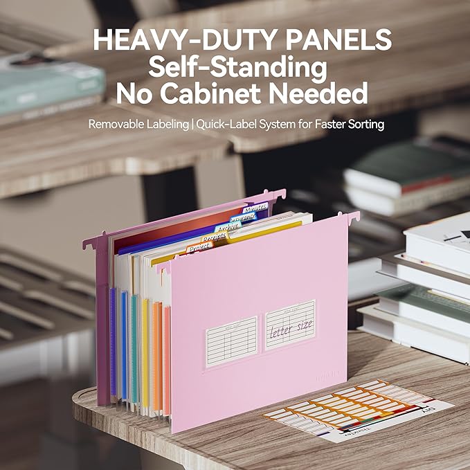 ThinkTex Plastic Expanding Hanging File Folders, 7 Innovative 1.2" Accordion Pockets, Large Capacity, Multi-Color Tabs, Letter Size for Filing Cabinet - Purple