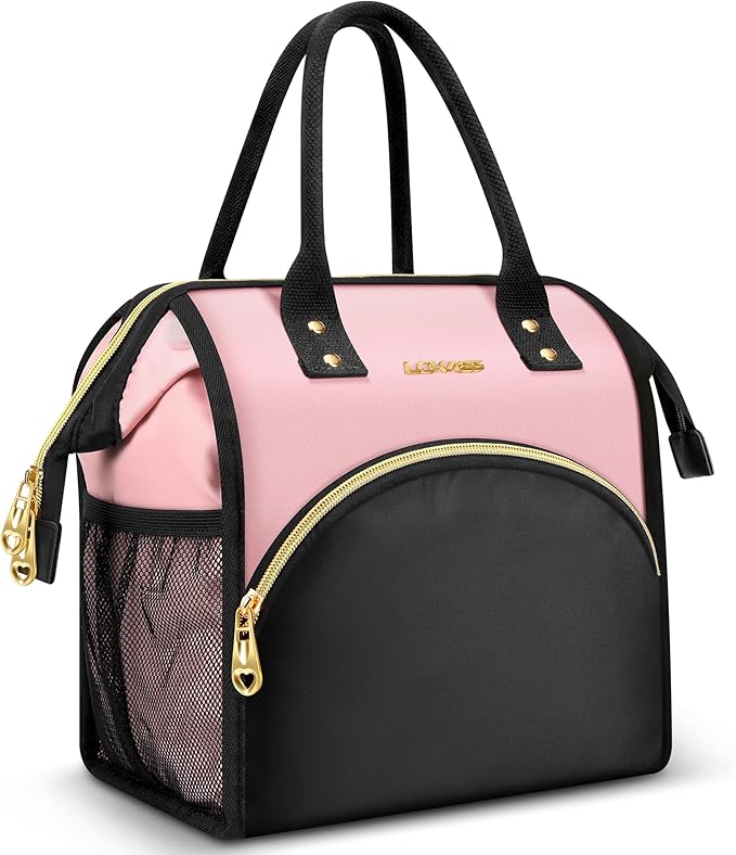 Lunch Bag for Women, Insulated Lunch Box, Wide-Open Lunch Tote Bag with Large Drinks Holder, Durable Nylon Thermal Snacks Organizer for Men, Adults, Work, Picnic, Hiking, Beach, Fishing (Pink + Black)