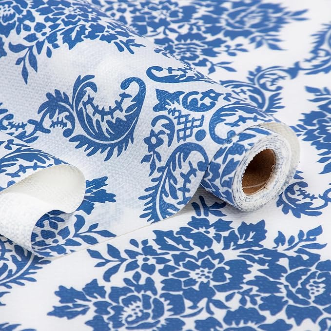 RAY STAR Shelf Liner, Non Adhesive Vintage Navy Blue Floral Cabinet Liner for Pantry Drawer, Strong Grip Non Slip Waterproof, Shelf Liners for Kitchen Cabinets Organization 18 Inch x 8 FT (4 Rolls)