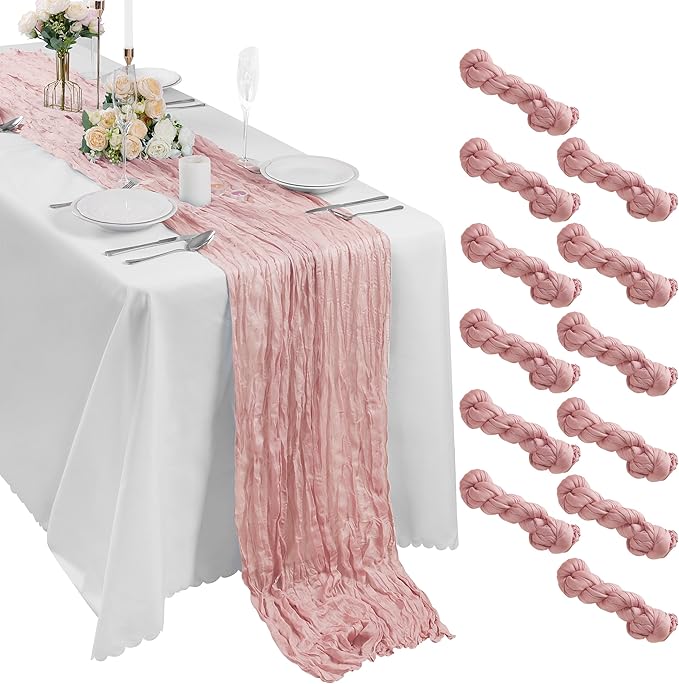 Bailarina 25 Pack Cheesecloth Table Runner 17x108 Inch Long Gauze Cheese Cloth 9ft Wrinkled Sheer Table Runner for Wedding Reception Birthday Party Table Decoration (Dusty Pink)