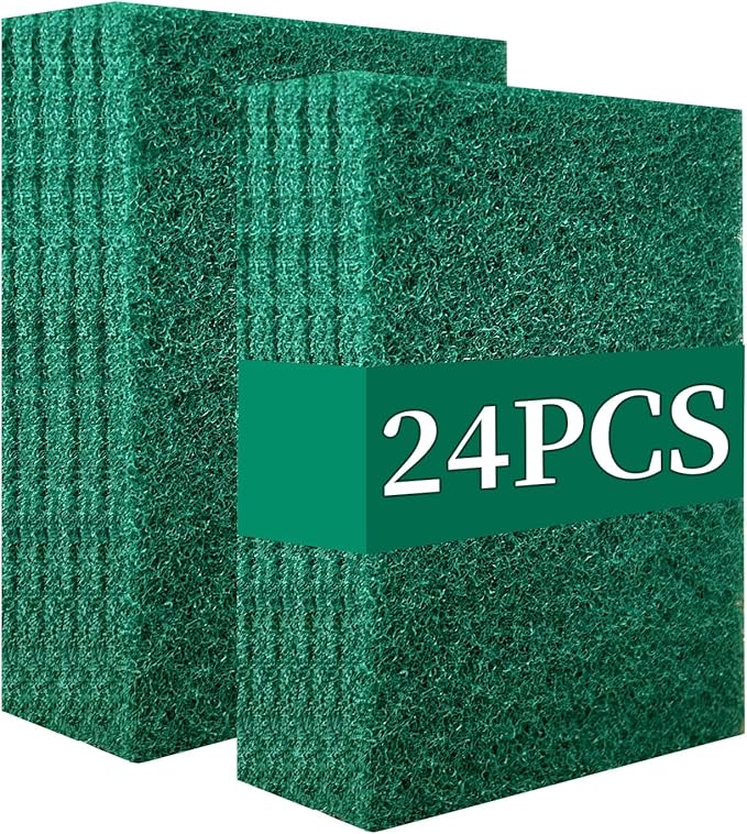 GUEICN Heavy Duty Scour Pads Sponge Dish Scrubber Non-Scratch Green Reusable Household Scrub Pads for Kitchen and Dish Cleaning Tool (24Pcs)