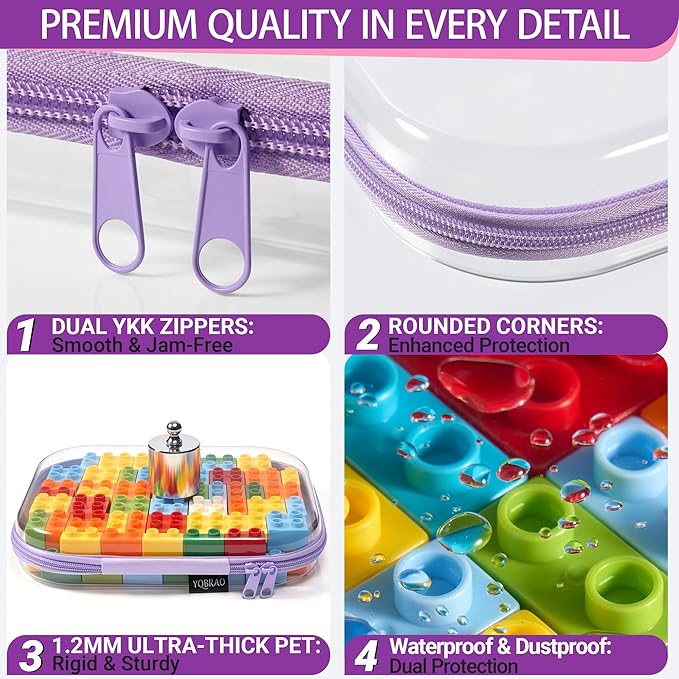YQBRA 3 Pack Clear Hard Shell Zipper Case, See-Through Hard Plastic Organizer Pouches with Zipper for Travel, Toiletries, Makeup, Electronics & Pencils - Crush-Resistant Storage (L Purple)