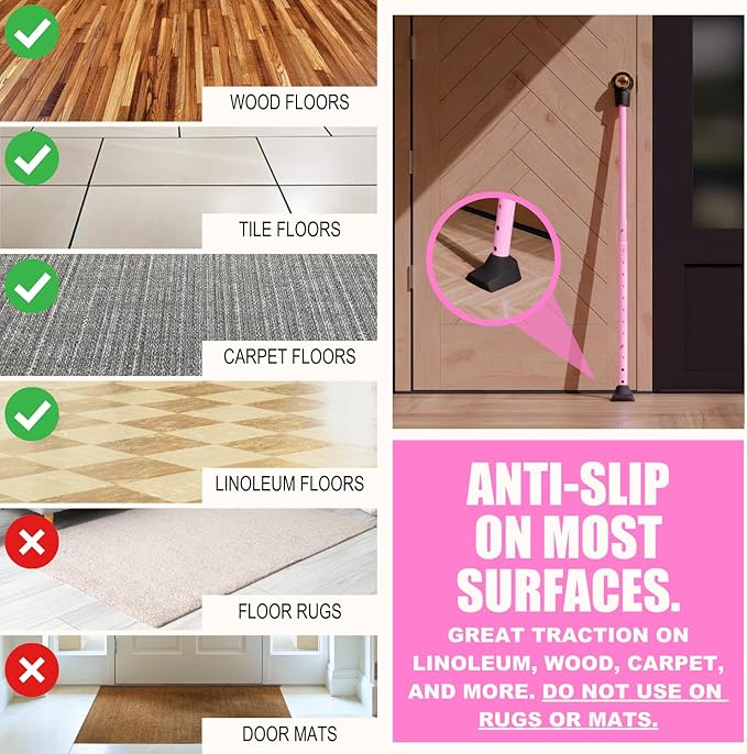 SECURITYMAN 3-in-1 Door Security Bar & Sliding Door Security Bar - Withstands 400lbs of Force - Door Jammer Constructed of High Grade Iron - Pink Door Stoppers - Patio, Window, Hinged Doors