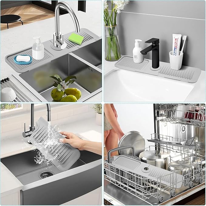 Folding Faucet Mat for Kitchen Sink Upgraded Premium Silicone Splash Guard with Fast Drying Properties Protective Sink Tray Ideal for Stone Sinks in Kitchen & Bathroom (Black, 23.8"x5.5")