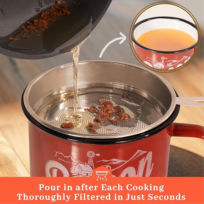 Ayerphalo Bacon Grease Container with Strainer - With Food-Grade Silicone Spatula, 46oz Large Enamel Rustic Farmhouse Fat Container, Keeper, Recipes, Dishwasher Safe