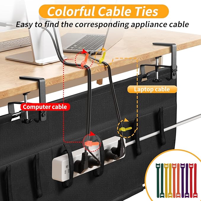 SUREUP9 No Drill Under Desk Cable Management Tray, 36" Cord Organizer with Clamp, Fabric Cable Management for Standing Desks, Ideal for Home & Office - Black