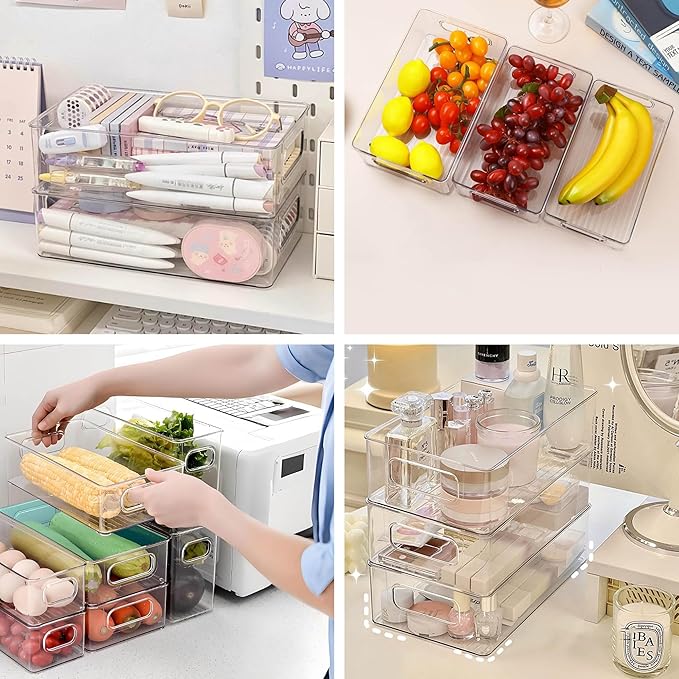 Refrigerator Organizer Bins 12 Pack Fridge Organizers with Handles Clear Freezer Storage Containers for Pantry, Cabinets, Shelves, Drawer – Plastic Kitchen Organizers