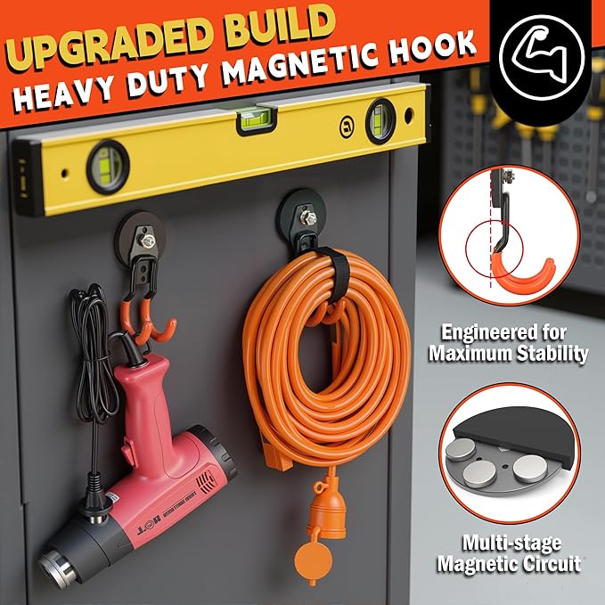 ULIBERMAGNET New Upgraded Garage Strong Magnetic Hooks, 4 Pack Heavy Duty Large J Hooks with Magnet, Anti-Slip Coating Magnet Hooks for Garden Tools, Ropes,Drill