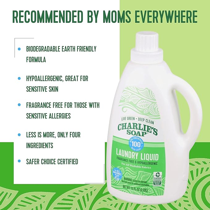 Charlie’s Soap Laundry Liquid (100 Loads, 1 Pack) 75.0 Fl Oz Natural Deep Cleaning Hypoallergenic Laundry Detergent – Eco-Friendly, Safe and Effective